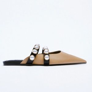 NWT. Zara Tan Low Heeled Mules with Faux Pearl Trim. Size 10.